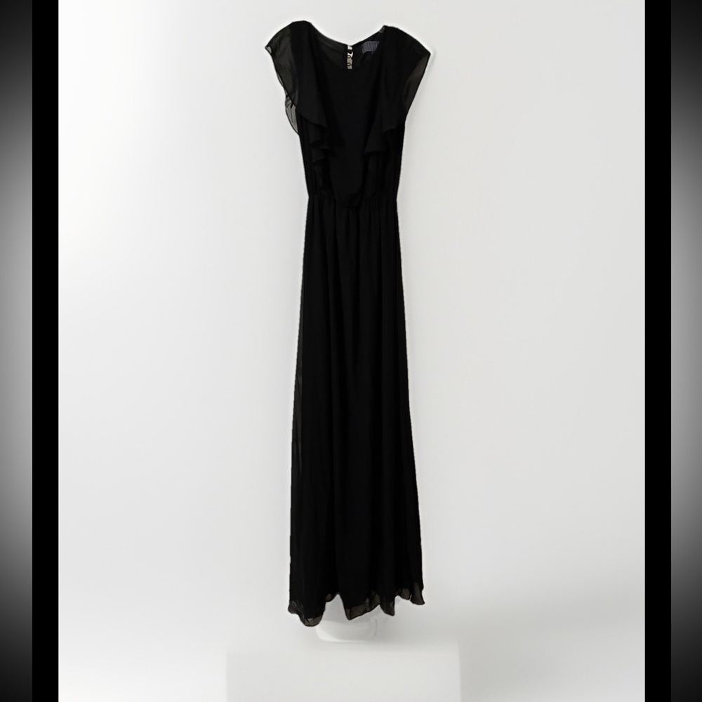 Bigoschi Black Ruffle Sleeve Gown Maxi Dress, Size 36, Made In Israel
